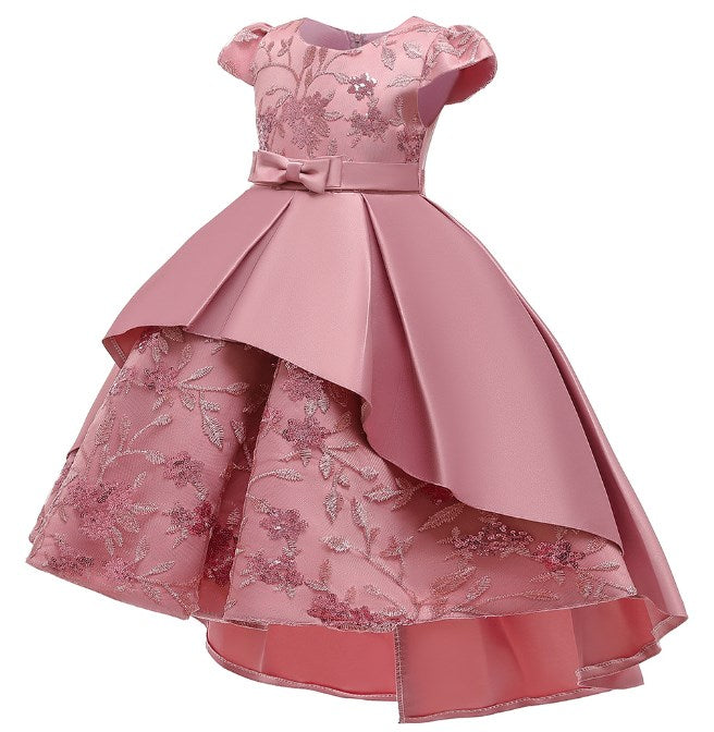 Popular Short Sleeves Wedding Applique Lace Long Kids Party Dress Princess Children Gowns Flower Girl Dresses