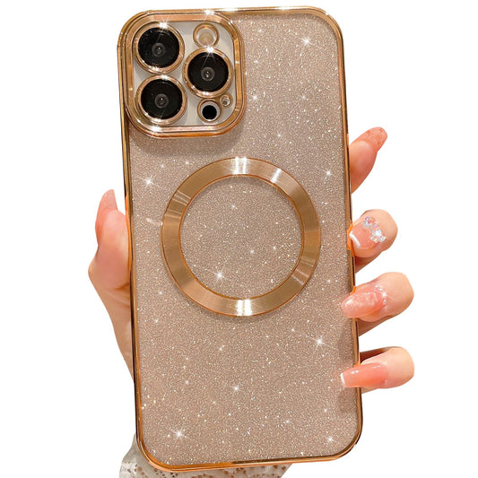 MGQILING Compatible with iPhone 15 Pro Max Magnetic Glitter Case, Luxury Plating Cute Bling Clear Phone Case, Compatible with MagSafe for Women Girls with Camera Protector Back Cover - Gold