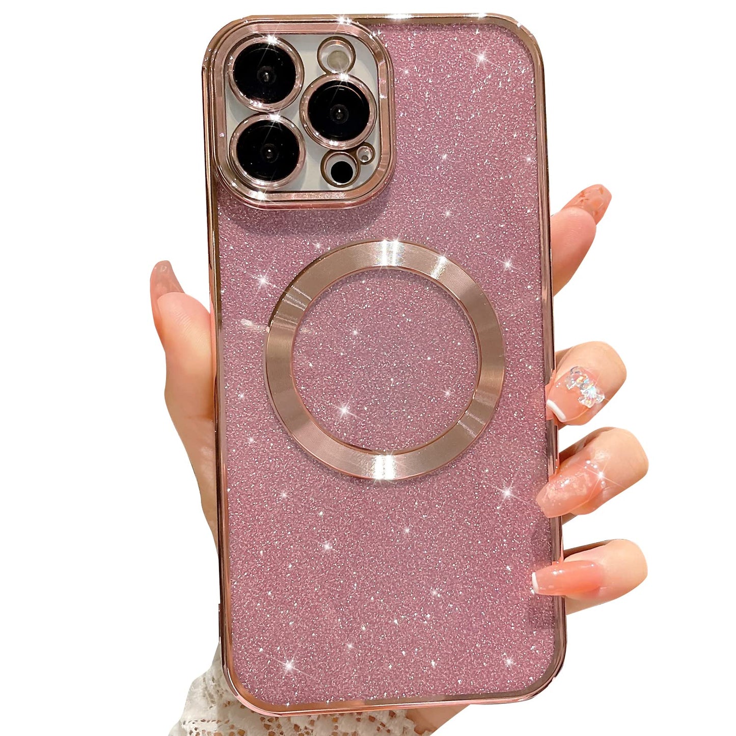 MGQILING Compatible with iPhone 15 Pro Max Magnetic Glitter Case, Luxury Plating Cute Bling Clear Phone Case, Compatible with MagSafe for Women Girls with Camera Protector Back Cover - Gold