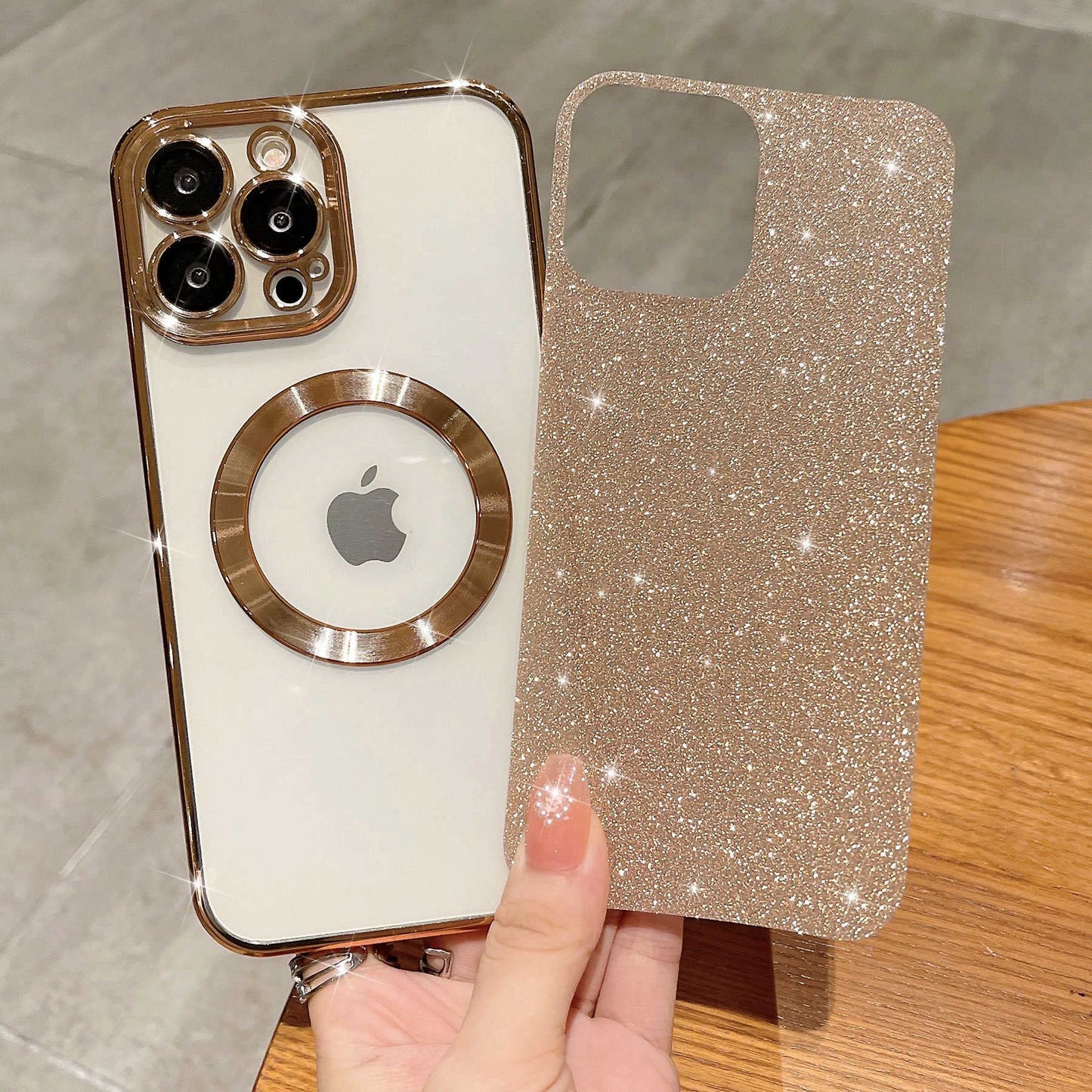 MGQILING Compatible with iPhone 15 Pro Max Magnetic Glitter Case, Luxury Plating Cute Bling Clear Phone Case, Compatible with MagSafe for Women Girls with Camera Protector Back Cover - Gold