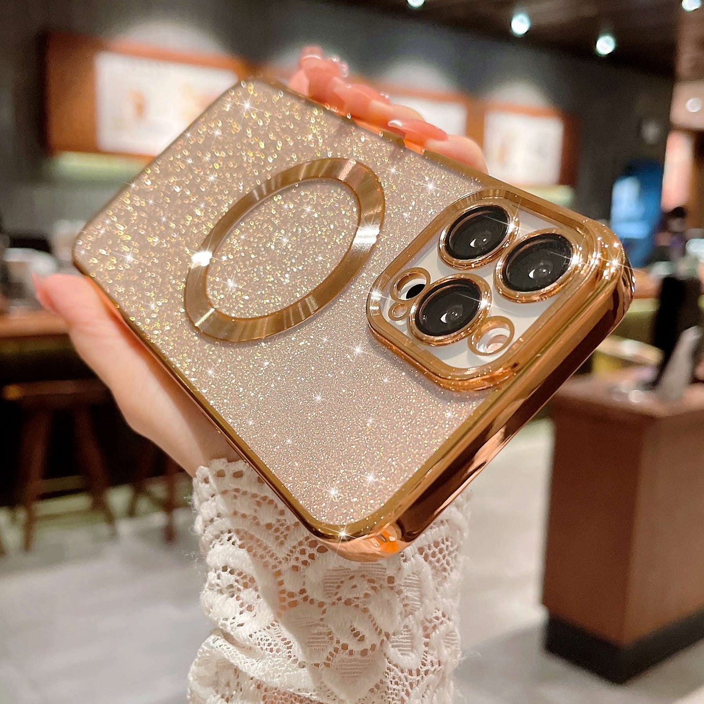 MGQILING Compatible with iPhone 15 Pro Max Magnetic Glitter Case, Luxury Plating Cute Bling Clear Phone Case, Compatible with MagSafe for Women Girls with Camera Protector Back Cover - Gold