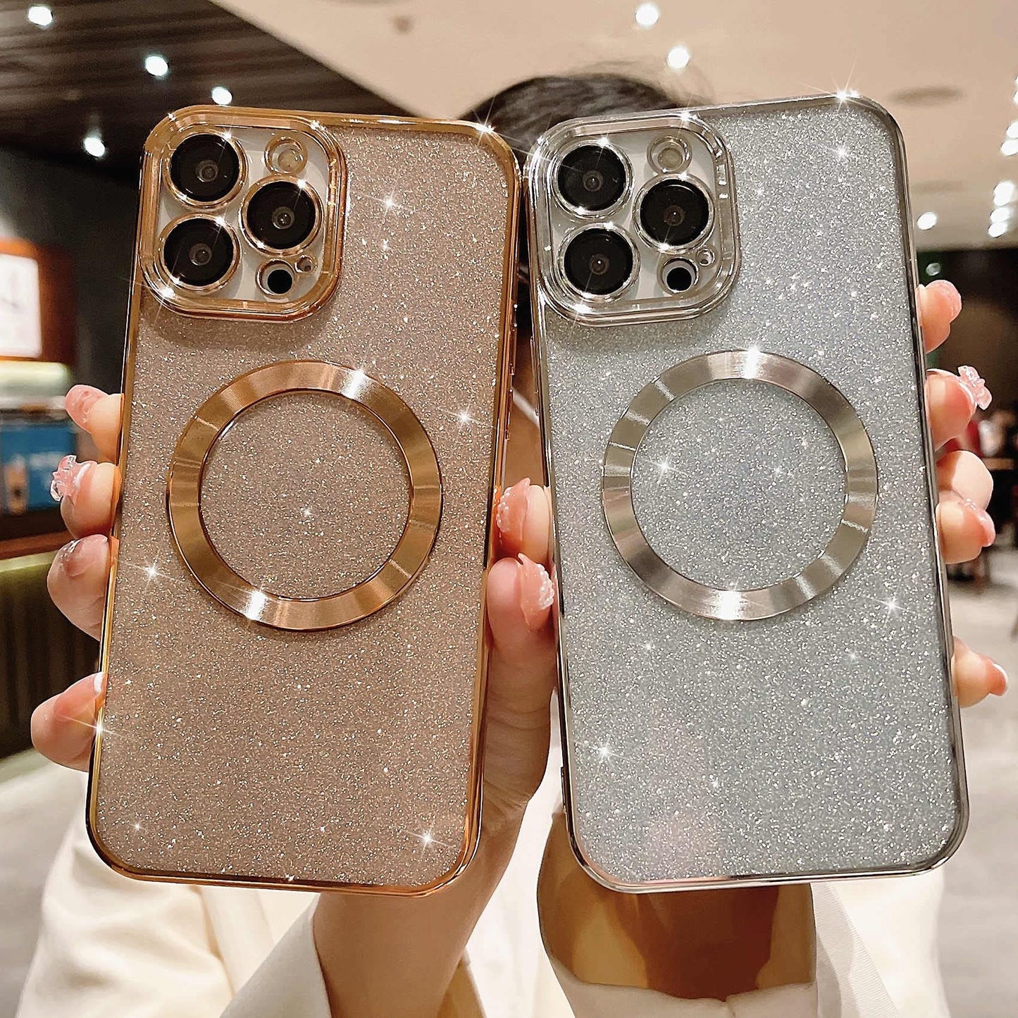 MGQILING Compatible with iPhone 15 Pro Max Magnetic Glitter Case, Luxury Plating Cute Bling Clear Phone Case, Compatible with MagSafe for Women Girls with Camera Protector Back Cover - Gold